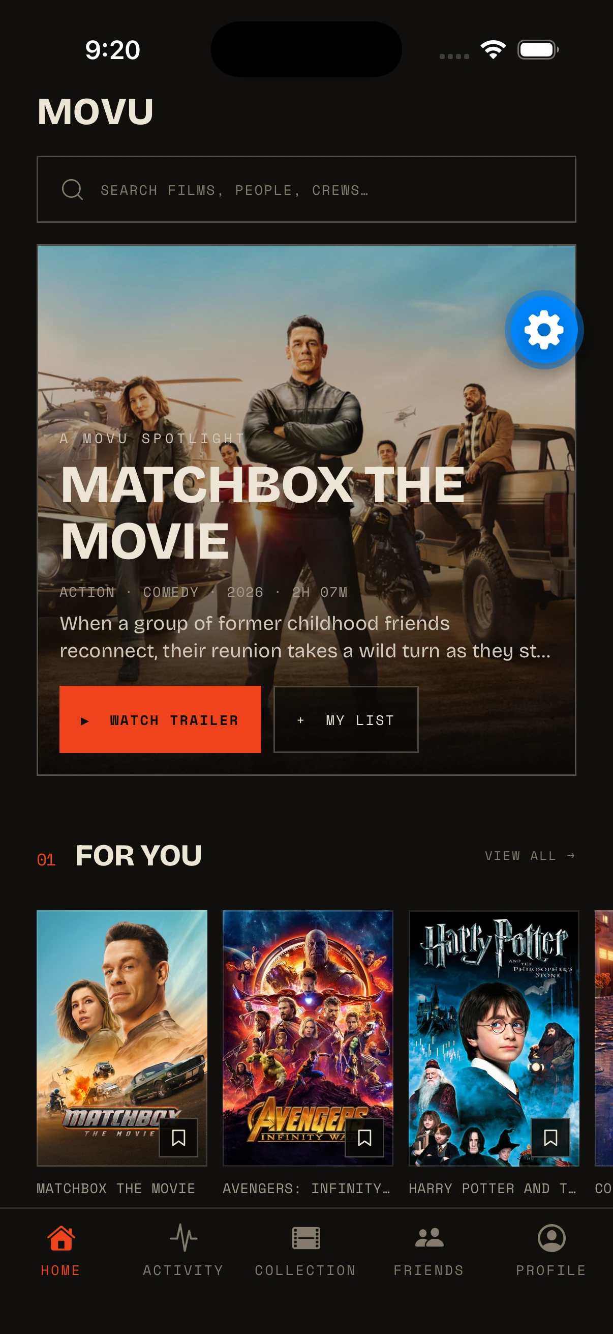 The real Movu home screen with a featured movie and personalized recommendations
